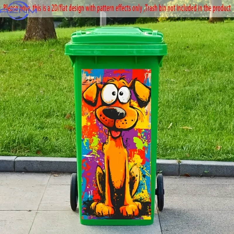 1 2D Flat Cartoon Dog Design Trash Can Sticker, Creative Garbage Bin Decal Suitable for Bins, Walls, Kitchen Decor, 2D Flat