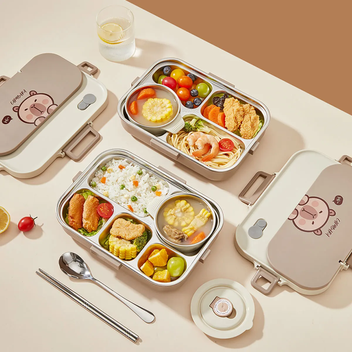 

Набор контейнеров для обеда Capybara 304, 4/5 сеток, портативный ланч-бокс для студентов и детей с миской для супа и столовыми приборами, сейф для микроволновой печи