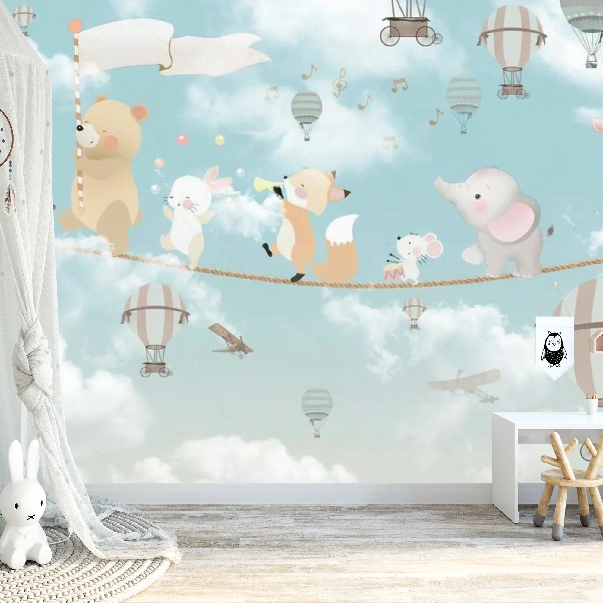 Milofi Cute Circus Animal Hot Air Balloon Wall Mural Cloud Sky Bear Elephant Giraffe Wallpaper for Kids Nursery Bedroom Decor