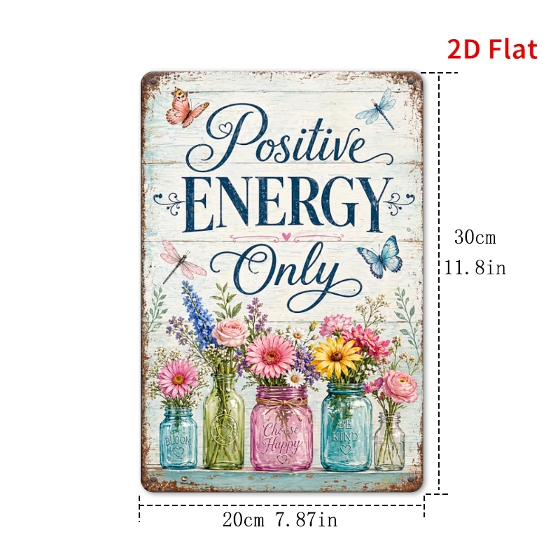 CIFBUY 2D Flat Vintage Floral Metal Sign Positive Energy Wall Art Aluminum Wall Art Waterproof Durable Farmhouse Butterfly Home