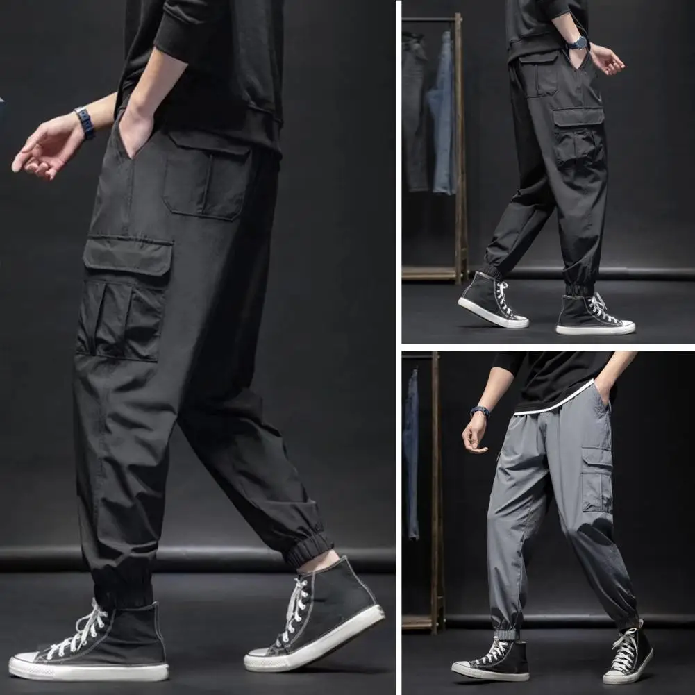 

Men Casual Trousers Reinforced Pocket Seams Men's Loose Fit Cargo Pants with Ankle-banded Drawstring Waist Solid for Fitness