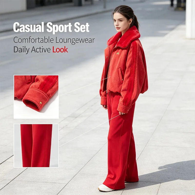 Adidas Authentic Red Tracksuit Women 2-Piece Soft Fleece Casual Sport Set Hoodie Sweatpants Loungewear Kh2661