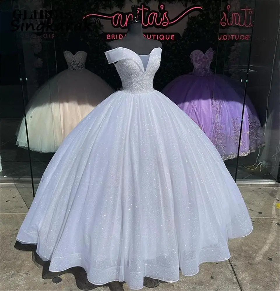 وائٹ بال گاؤن Quinceanera ڈریسز بلیو آف دی شولڈر ایلیگنٹ 2023 V Neck Sweet 16 ڈریس پیجینٹ گاؤن 15 anos XV