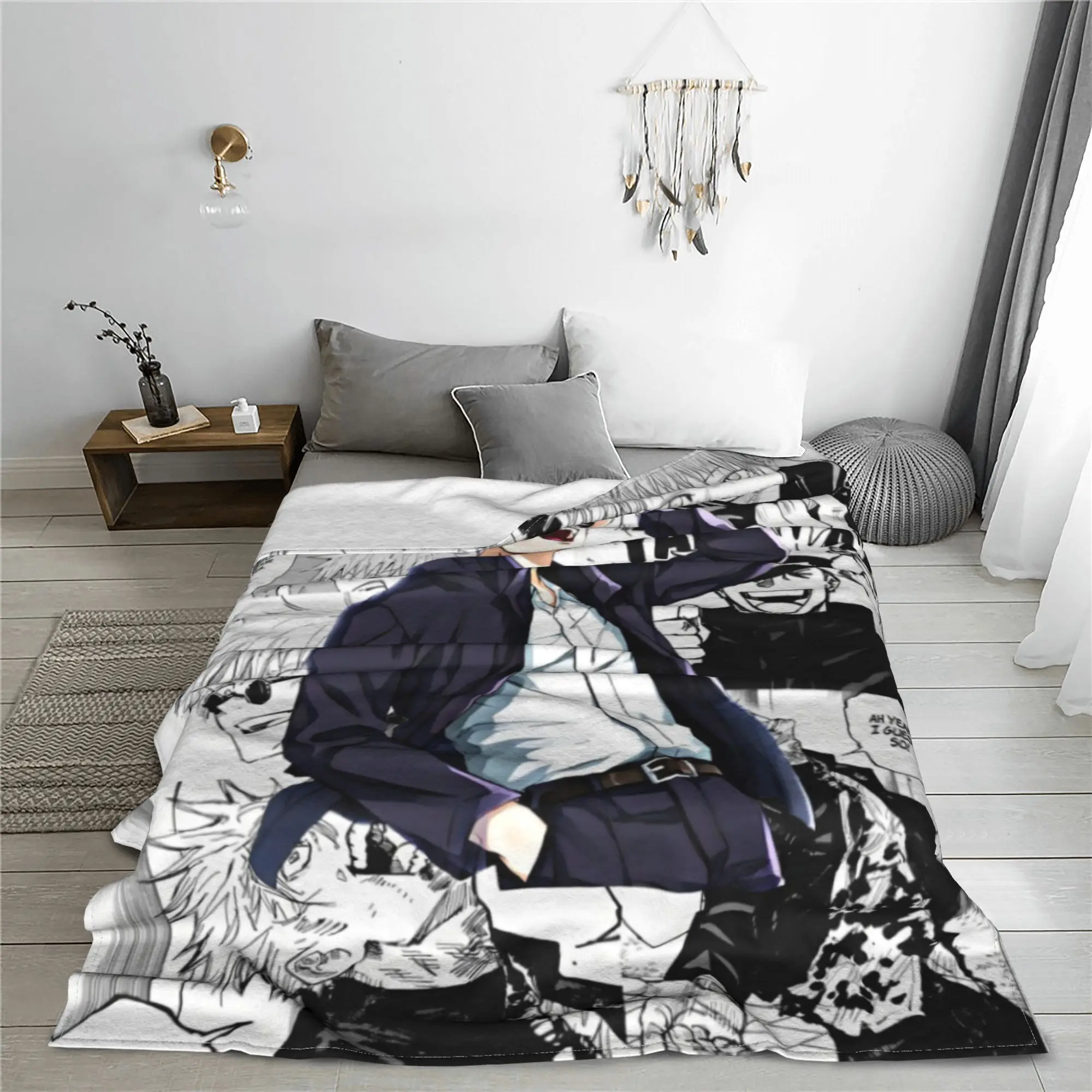 Jujutsu Kaisen Anime Cartoon Knitted Blanket Fleece Satoru Gojo Lightweight Thin Throw Blankets for Car Sofa Couch Bedspread