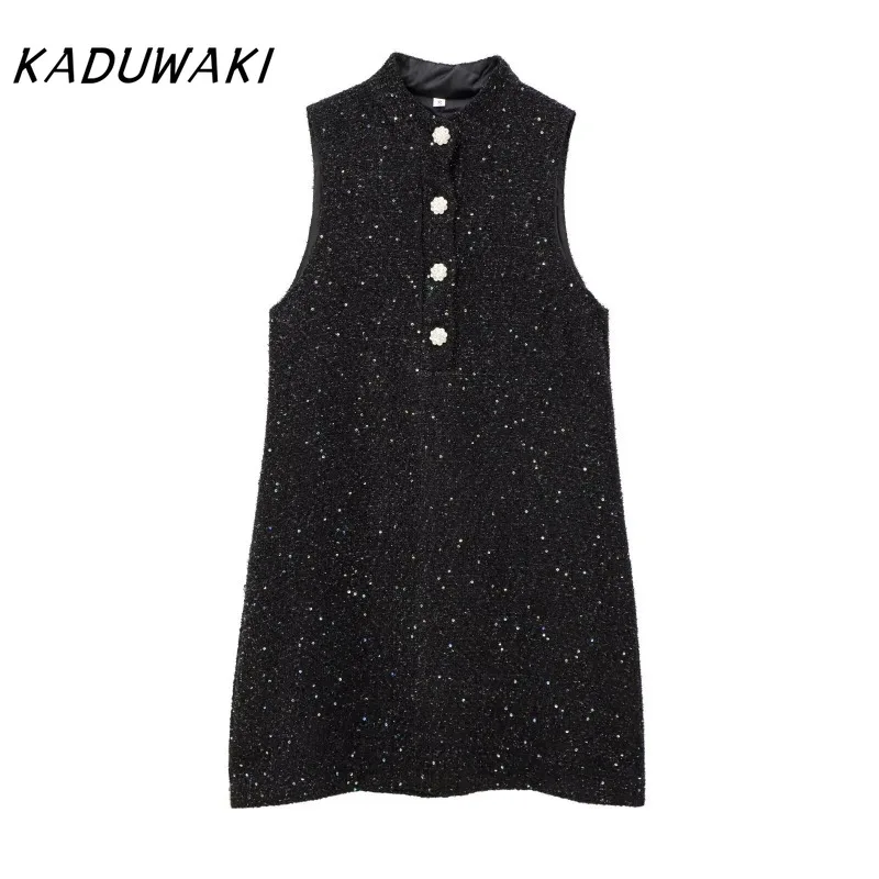 

KADUWAKI Artificial Jewelry Buckle Bead Texture Short Skirt Summer New Item Stand Collar Sleeveless Solid Color Women's Dresses