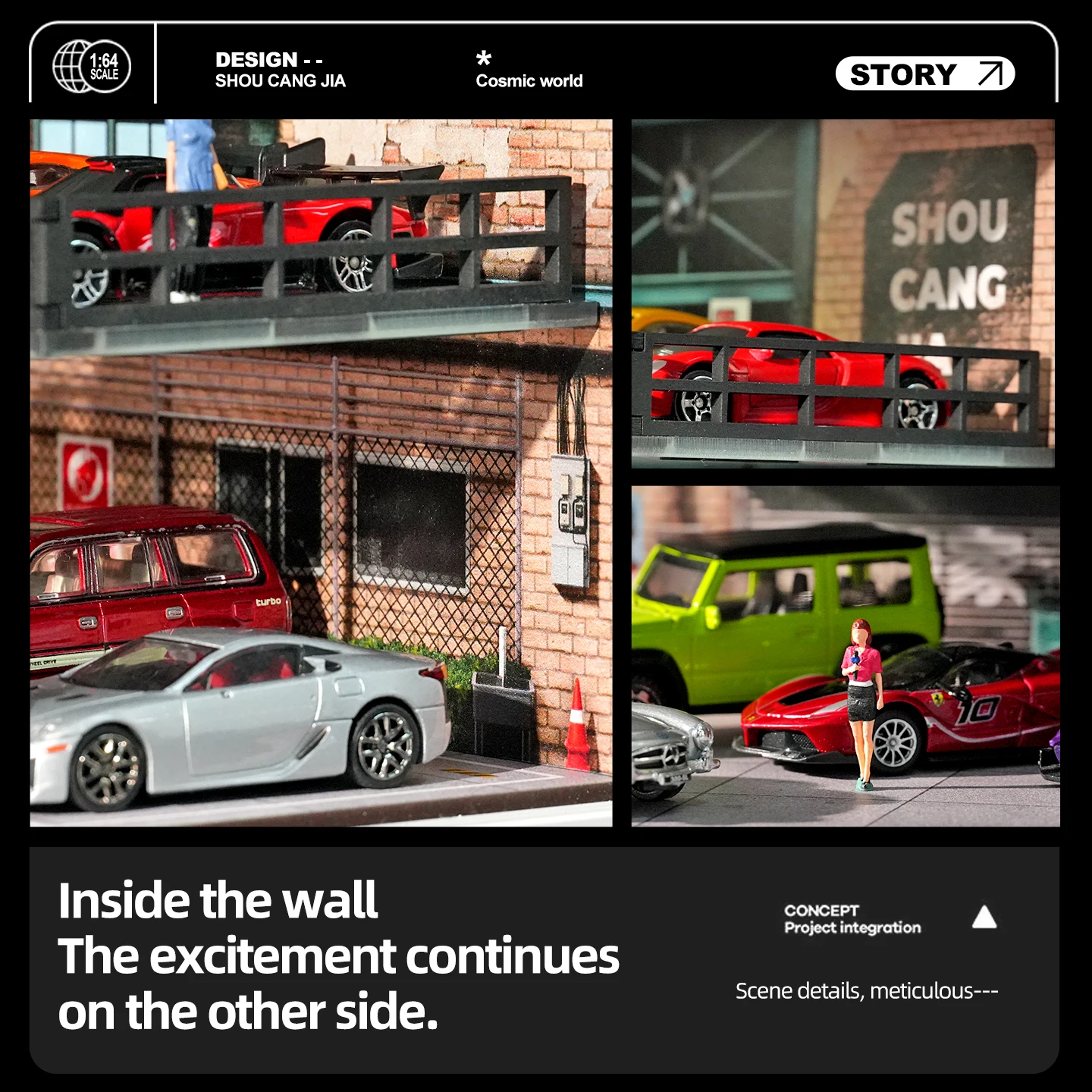 Collector 1/64 Assembled Industrial-style Parking Lot Scene Alloy Small Car Model Storage Dust-proof Display Box Decorative Item