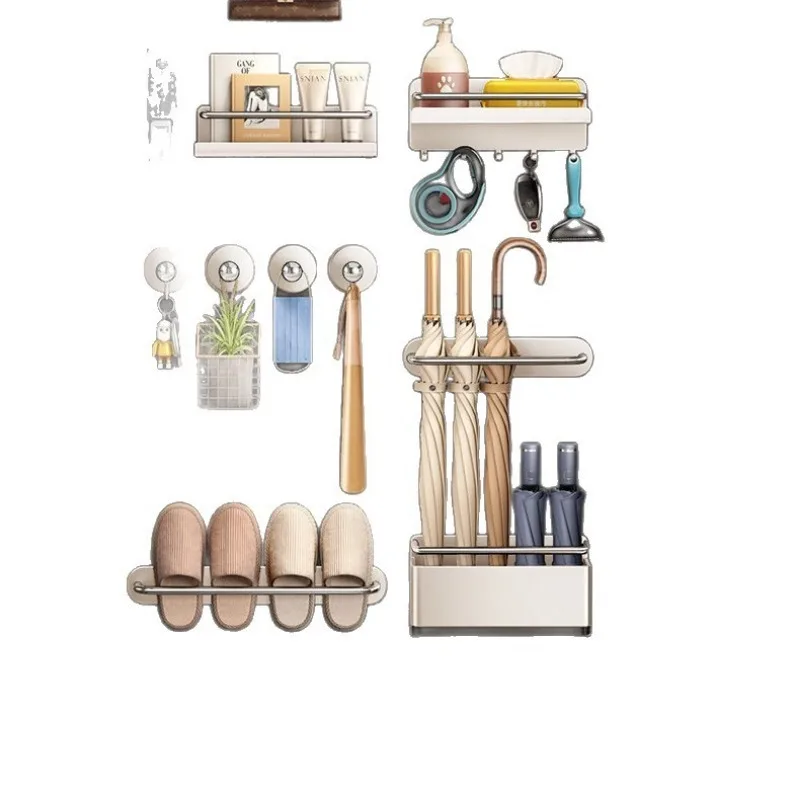 For Strong Magnetic Entryway Storage Rack Punch Free Door Back Clothes Hook Slipper Umbrella Organizer Set