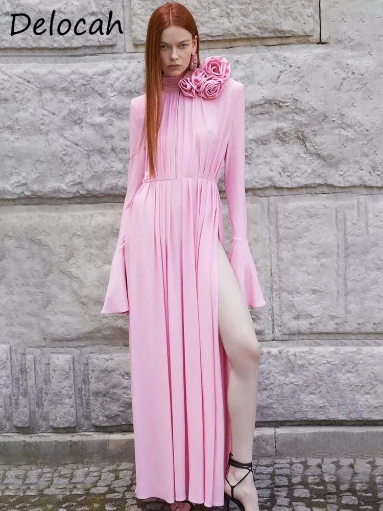 

Delocah High Quality Summer Women Fashion Runway Long Dress Long Flare Sleeve Appliques Draped Pink Print Side Split Dresses