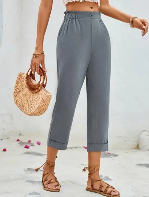 

Elegant High-Waisted Wide-Leg Pants Women's Summer Holiday Elastic Waist Pocket Loose Fit Seven-Inch Pants