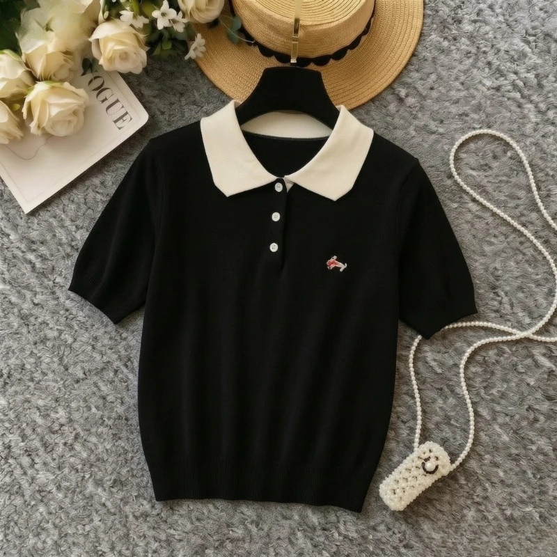 Women Elastic Soft Knit T‑Shirt Polo Short Sleeve Mini‑Embroidery Cropped Top Preppy Fit Ladies Summer Casual Daily Blouse