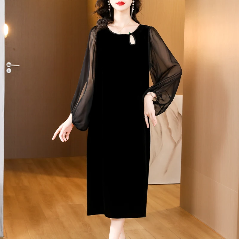 2023 New Velvet Style Fashion Dress Women's Autumn And Winter Noble V-neck Loose Fit Long Sleeve Party Dress Vestidos