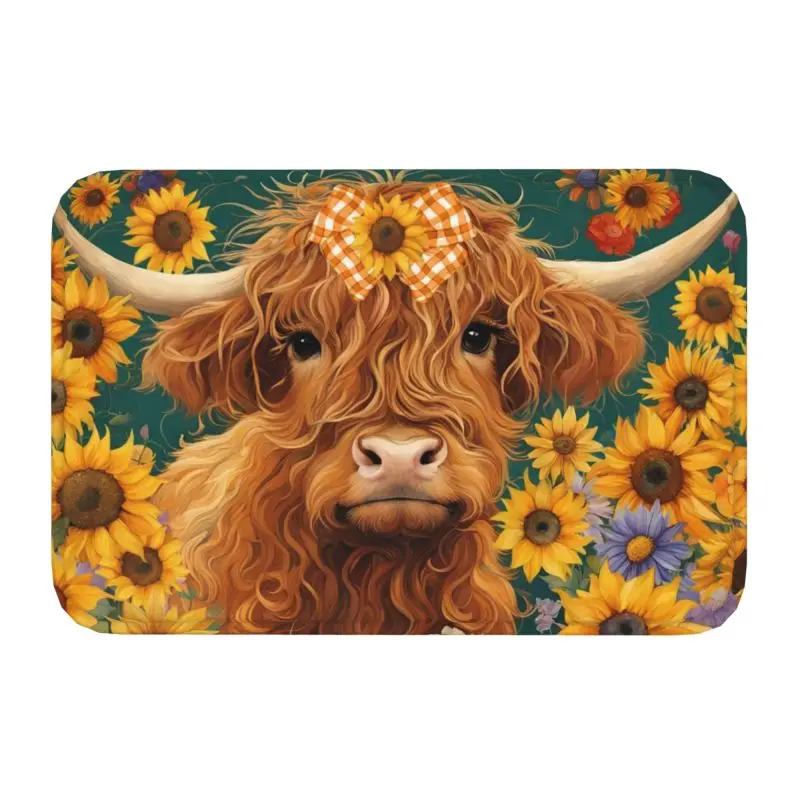 Custom Highland Cow And Flower Door Floor Bathroom Kitchen Mats Anti-Slip Outdoor Doormat Toilet Entrance Carpet Rug