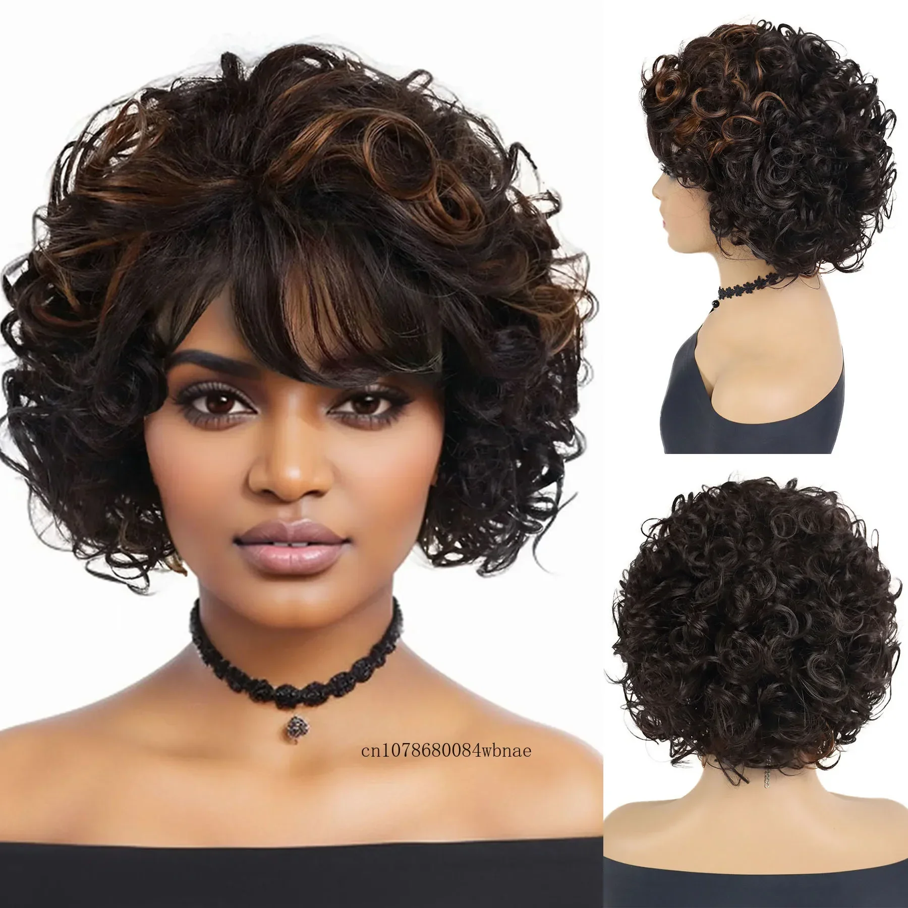 

Натуральный синтетический смешанный коричневый афро парик с челкой, мягкий короткий большой вьющийся парик для женщин, термостойкий повседневный костюм для вечеринки, косплей