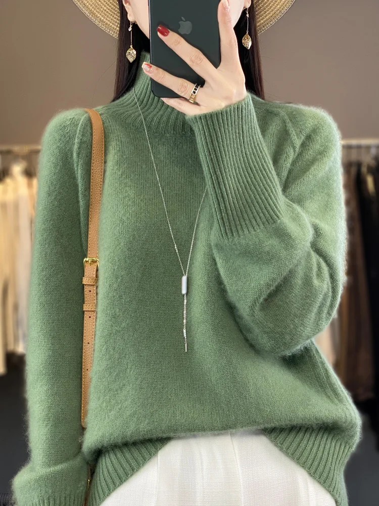 Women Cashmere Sweater 100% Merino Wool Knitted Pullover Autumn Winter Mock Neck Knitwear Female Soft Casual Fashion Warm Top