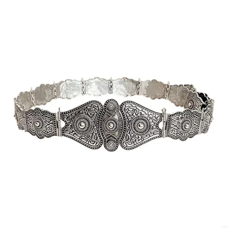 Statement Dress Waist Belt with Engraved Metal Detail and Hook Closure for Coordinated Outfit Styling Accessory Y166