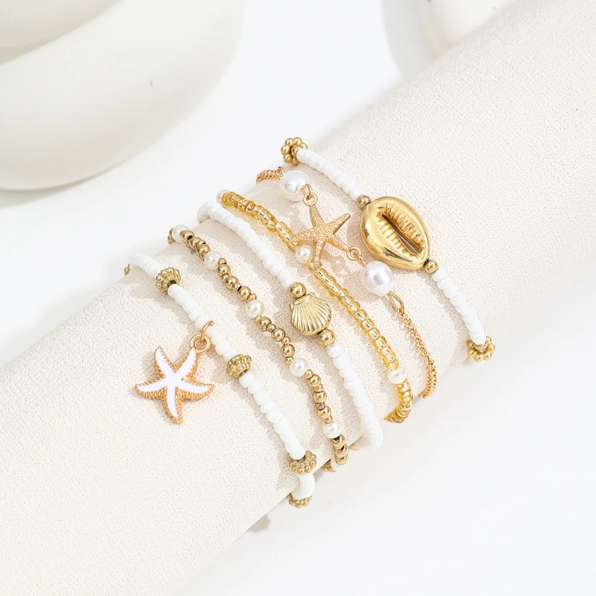 Vintage Seed Bead Stacked Bracelet Set Starfish Shell