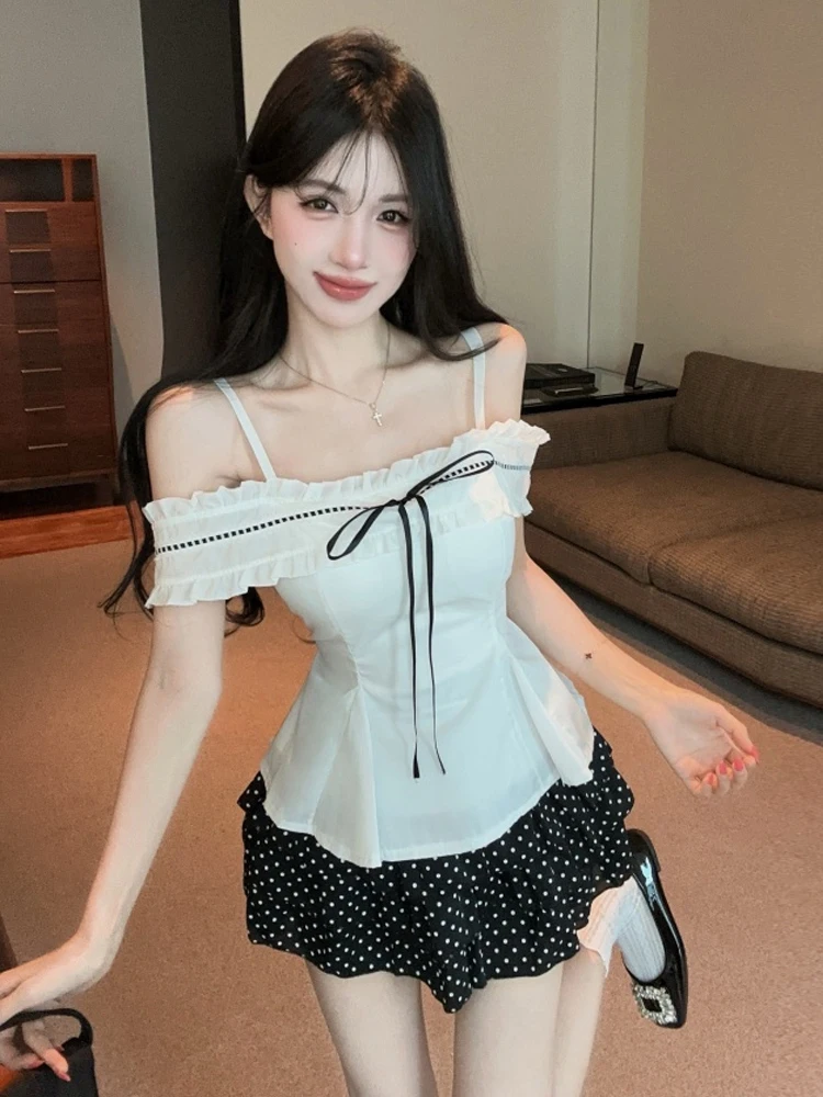 

Sweet Girl Pure Desire Shoulder Bared Halter Ruffle Knot Waist Cinched Shirt Vintage Polka Dot Short Skirt Set