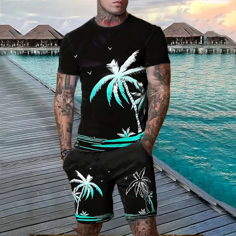 Stylish Men's Casual Suit Summer Breathable And Refreshing Suit Beach Style Printed 3D Coconut Oversized Men's Loose Top