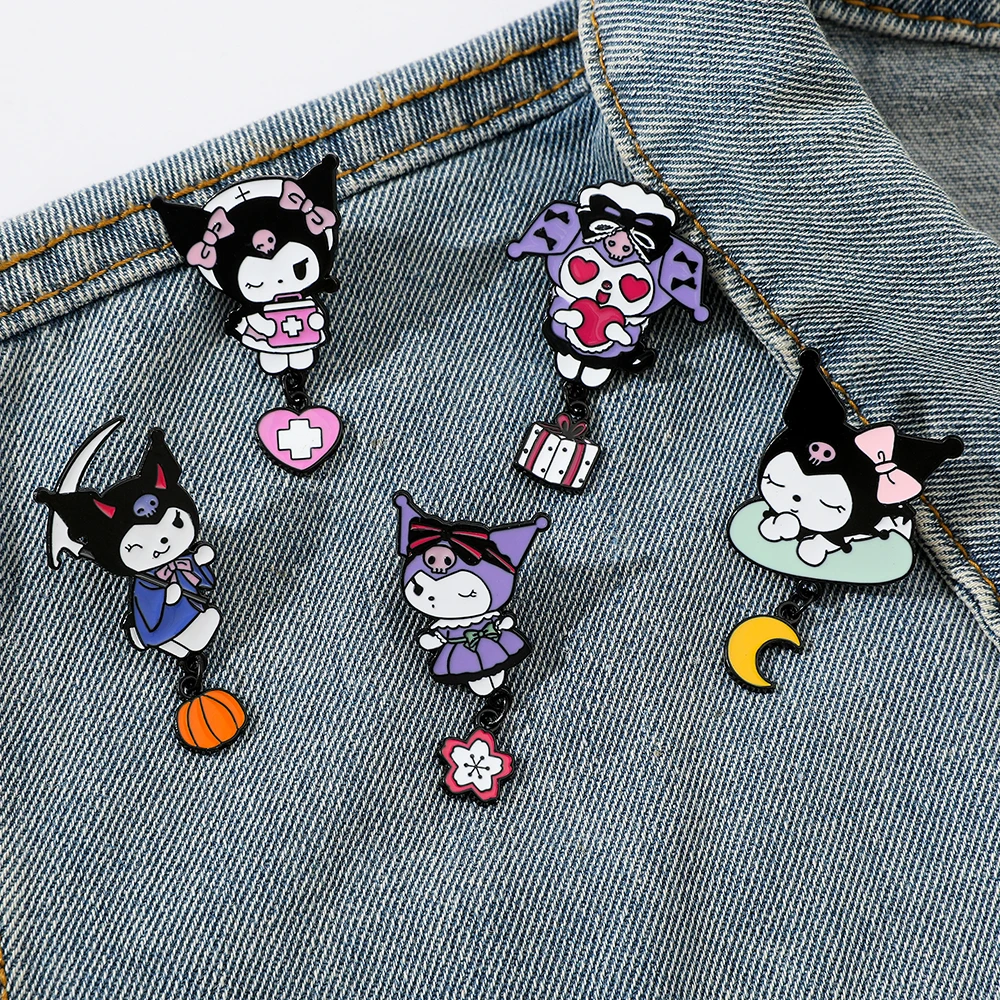5 Pcs Creative Halloween Sanrio Brooch Cartoon Kuromi Enamel Pin Metal Badge Jewelry Backpack Clothing Accessories Festive Gift