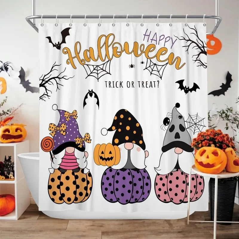 Halloween Shower Curtain No Face Doll Pumpkin Bat Spider Web Bathroom Decor No Drilling 12 Hooks Included