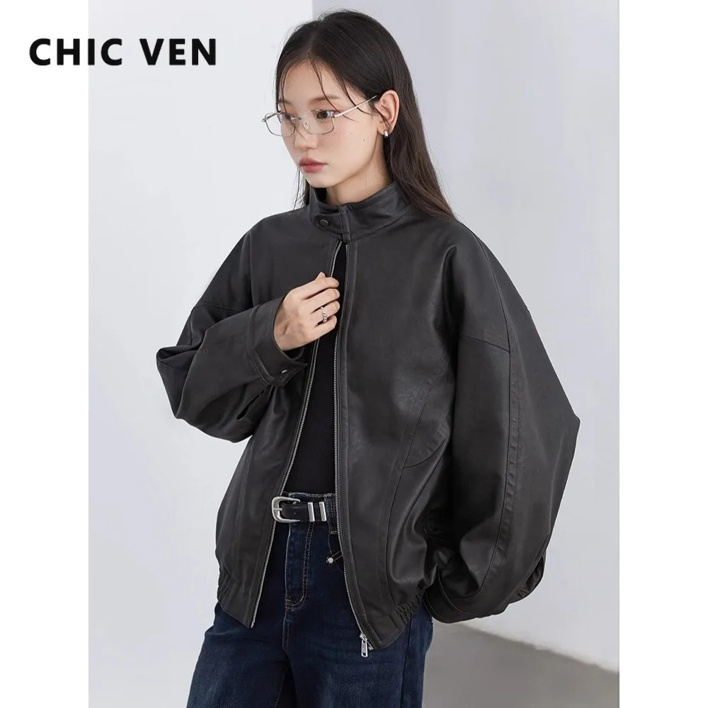 

CHIC VEN Women Faux Leather Coat Solid Casual New Retro Split PU Windproof Female Jacket Quilted Overcoat Autumn Winter 2025