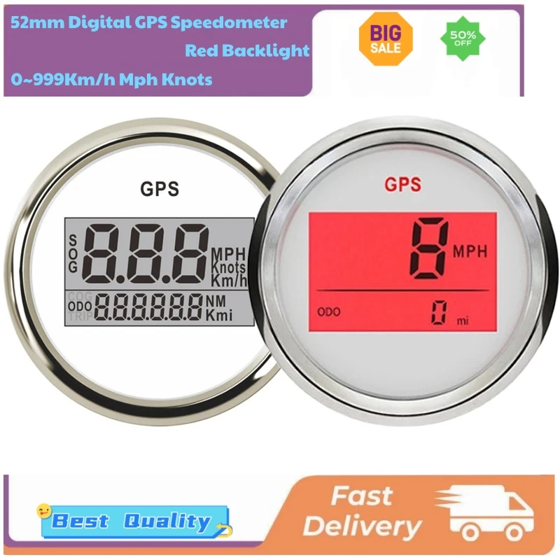 

Cars Digital GPS Speedometers Sog 0-999Km/H Mph Knots Display Odometers Boat Speed Indicators Red Backlight 52mm 9-32vdc