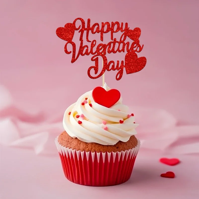 24Pcs Happy Valentines Day Cupcake Toppers Glitter Red Cupcake Picks Wedding Decorations Gift for Valentine\'s Day Party Supplies