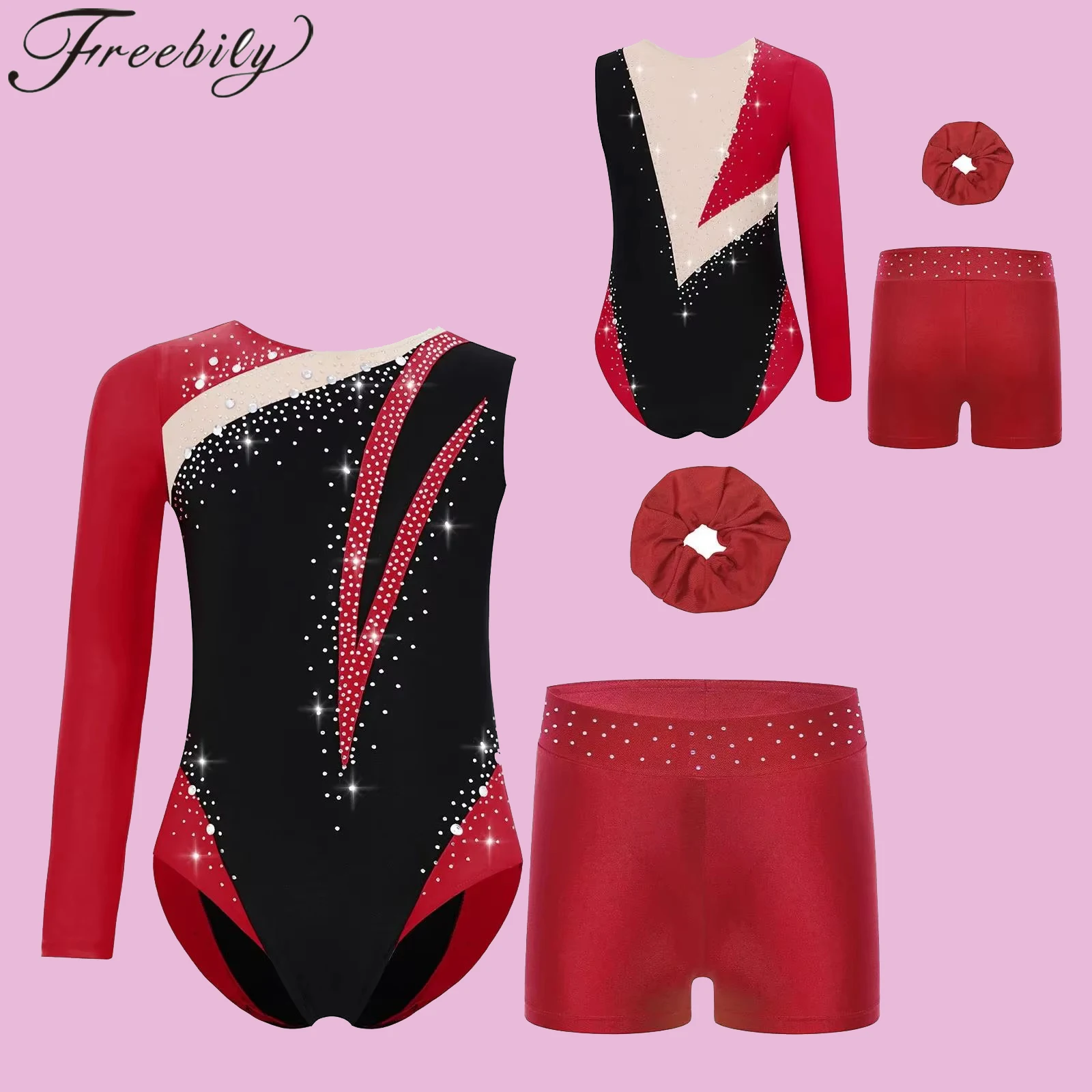 

Балетный костюм для девочек, гимнастический наряд, детский танцевальный трико, детский боди с длинными рукавами и стразами для катания на коньках, шорты, комплект танцевальной одежды