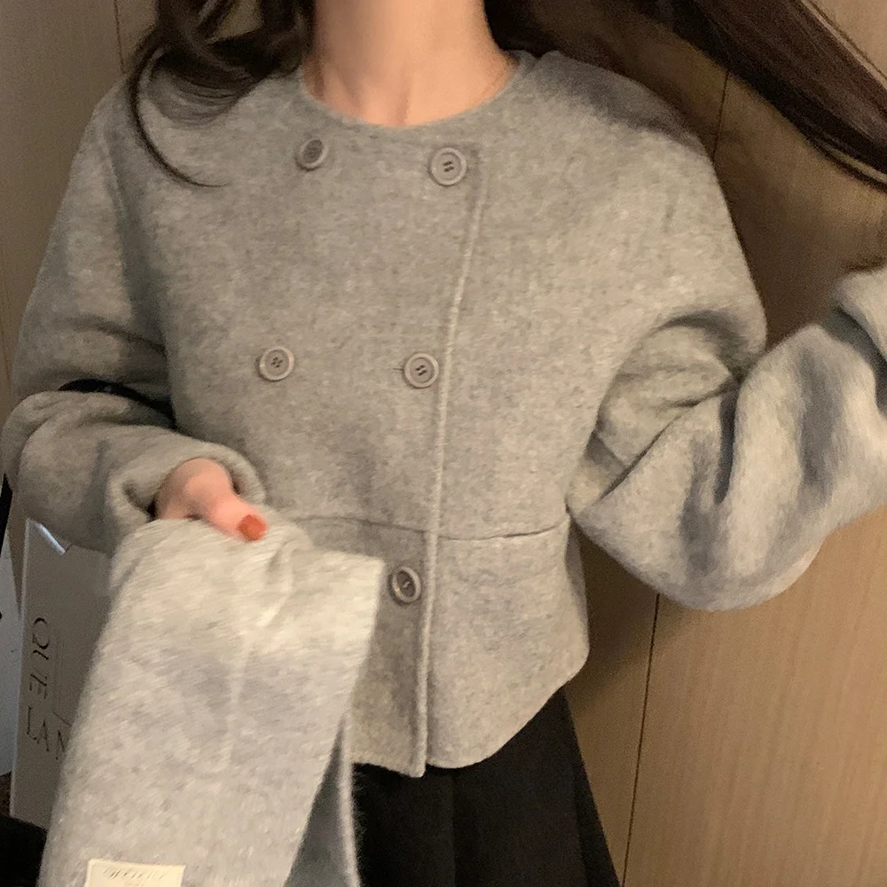 

Simple Casual Versatile Foreign Round Neck Double-Breasted Short Woolen Jacket Winter Women Coats
