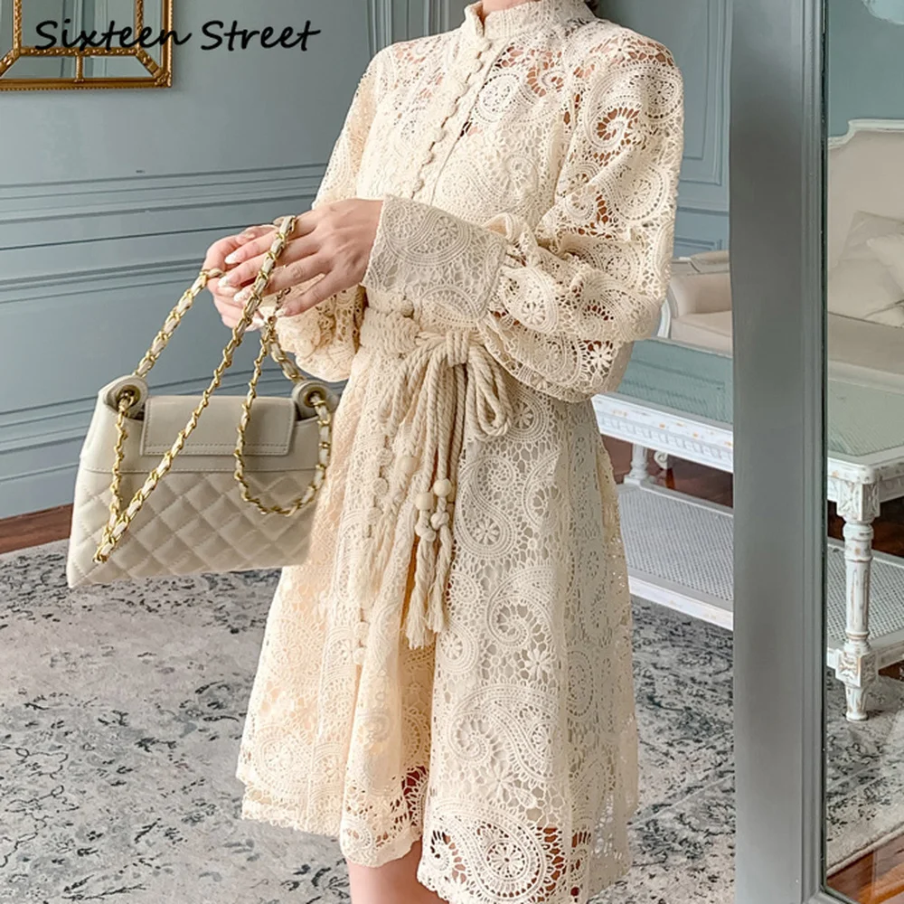 High Quality Belt Maxi Dresses for Women Autumn Beige Hollow Lantern Long Sleeve Belt Lace Stand Collar Vestido De Mujer Vintage