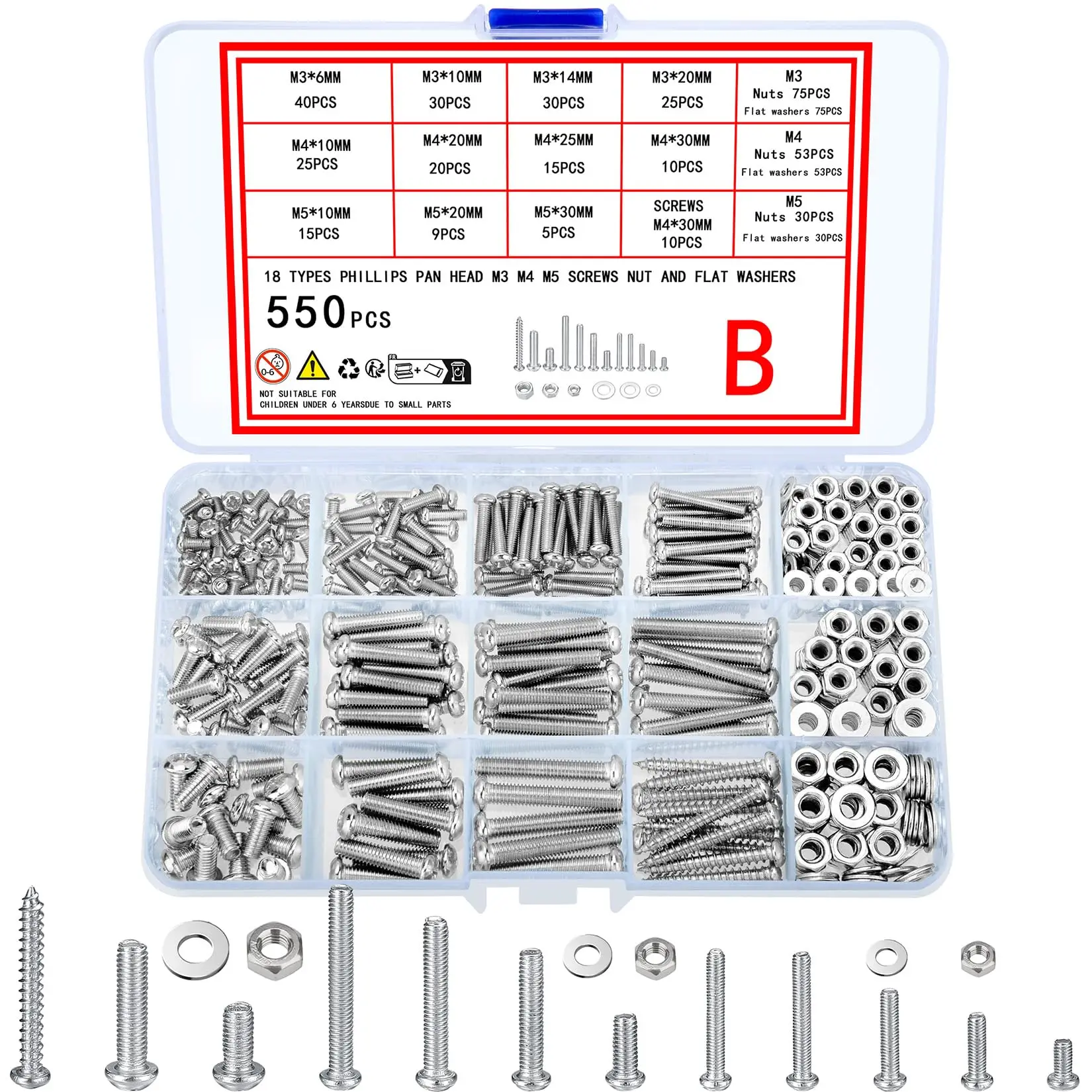 

550 pcs screw bolt and nut combination kit, metric, flat washer,M3/M4/M5 slotted flat head hexagon bolt and nut set