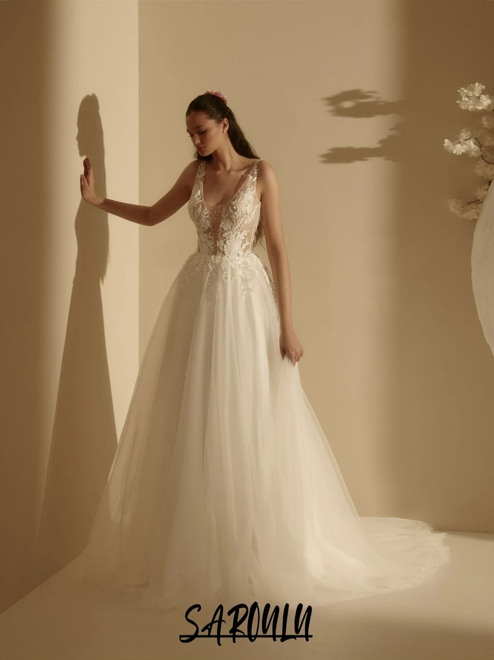 

Romantic Backless A Line Wedding Party Dress Women Sexy Tulle Deep V Neck Bridal Gown Customized Dreamy Long Appliques Wear