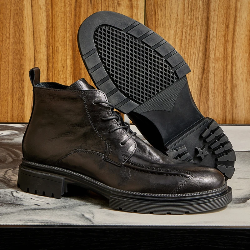 Men High Top Motorcycle Boots Retro Thick Sole Side Zip Casual Comfort Lace Up Non-Slip Business Formal Shoes Botas Masculino