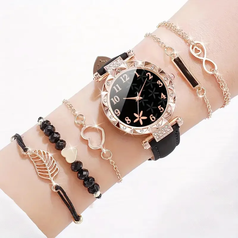 6pcs/set Women's Watch Casual Flower Quartz Watch Analog PU Leather Wrist Watch & Bracelets, Gift For Mom Her