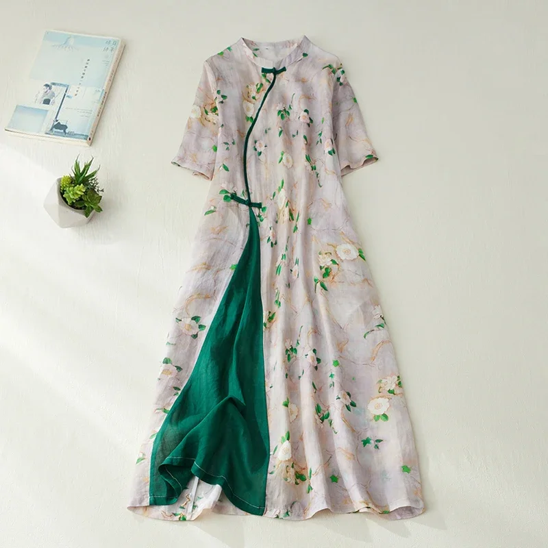 

New Arrival Thin Soft Print Floral Patchwork Chinese Style Dress Robes Cheongsam Women Casual Summer Dress Lady Work Dress CY265