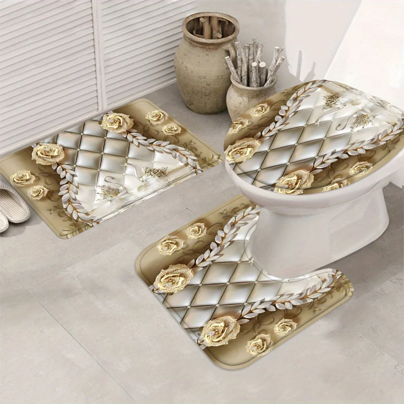 4pcs The Swans Under the Curtain Shower Curtain Gift Modern Home Bathroom Decoration Curtain and Toilet Floor Mat 3-piece Set wi