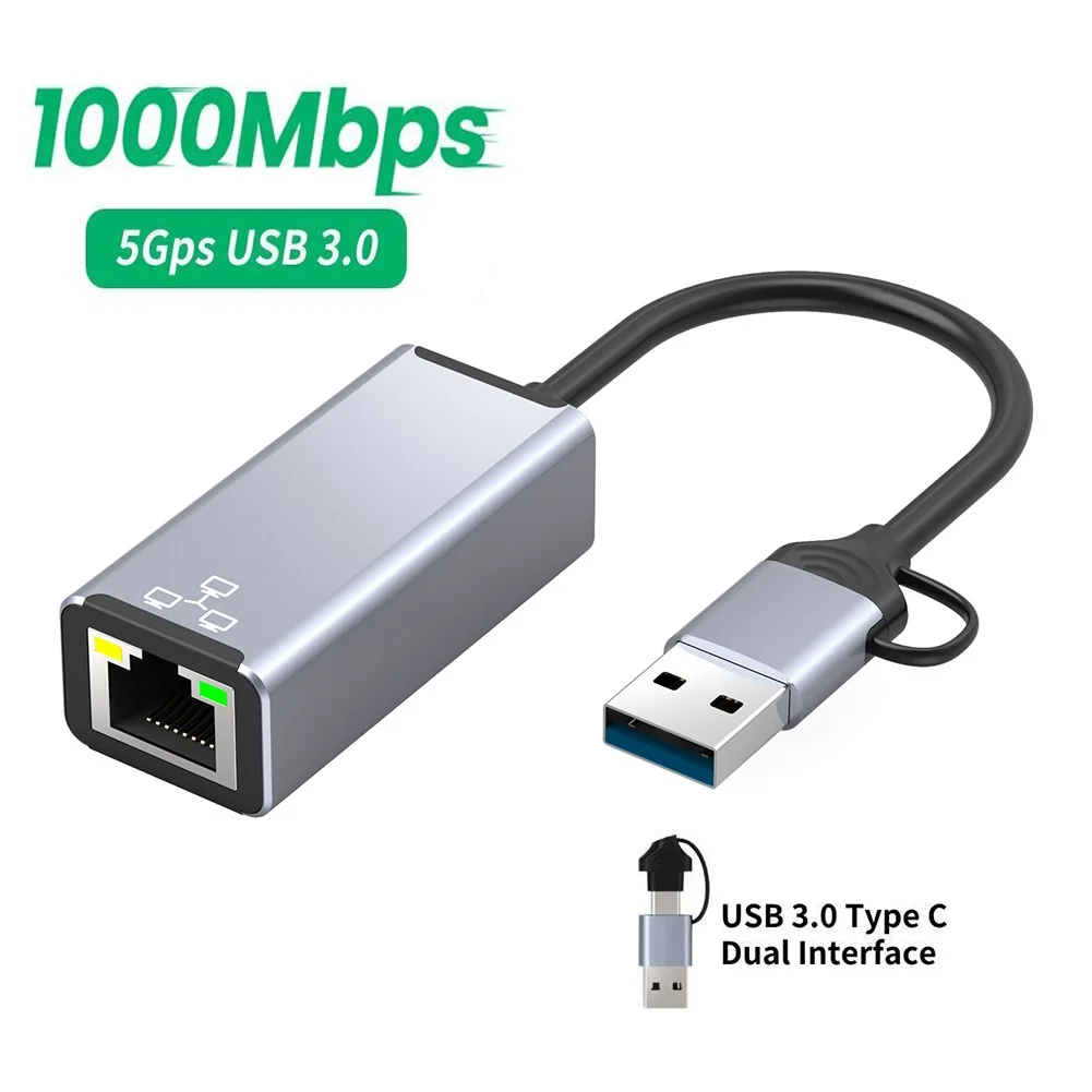 

2 IN 1 USB Type C to RJ45 Network Card External Wired USB 3.0 1000Mbps LAN Ethernet Adapter For Macbook Xiaomi Laptop PC Windows