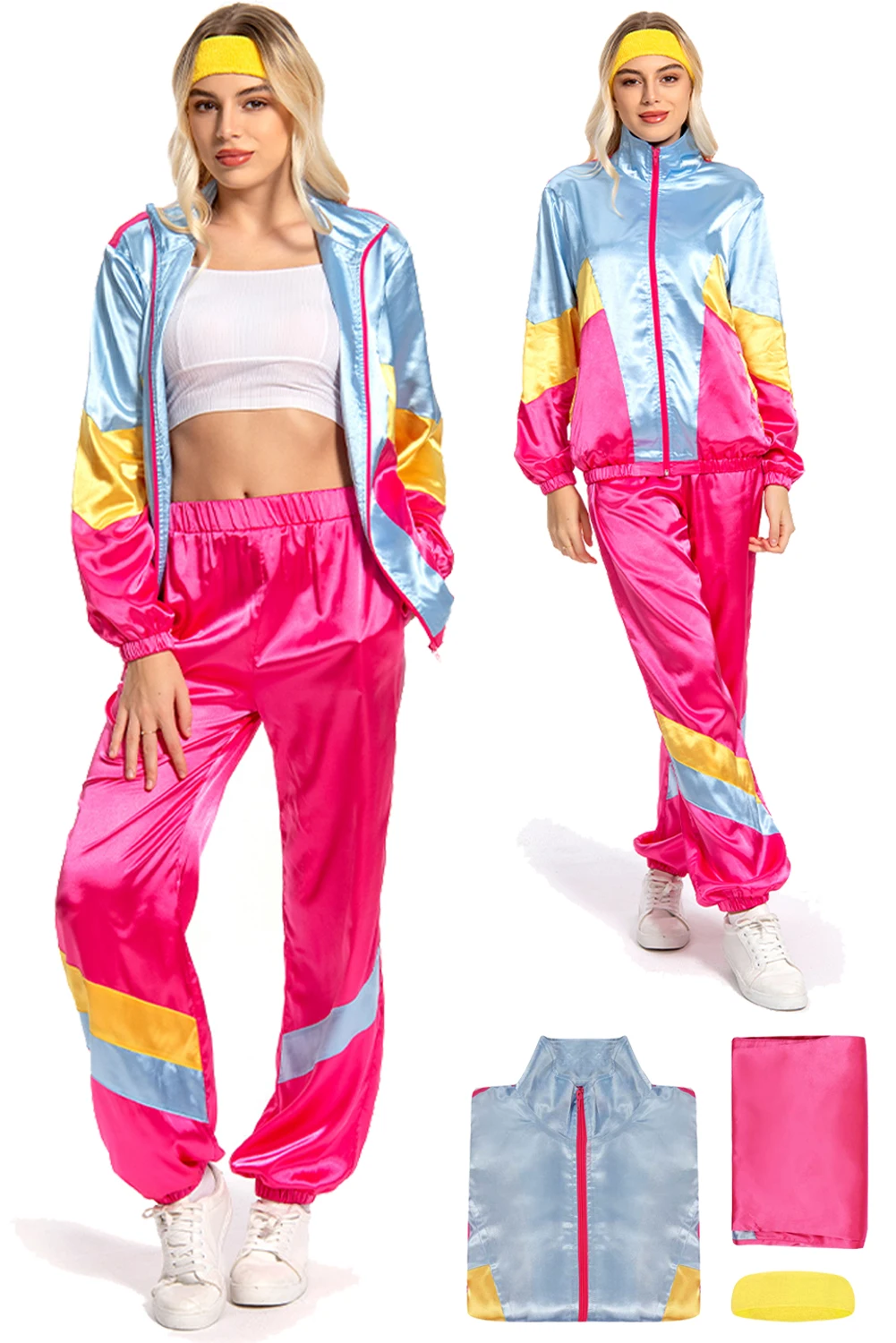 2PC Women 80s Costume 80s 90s Legging Cosplay Sportwear Jacket Pants  Headband Halloween Carnival Party Suit Female Male Adult