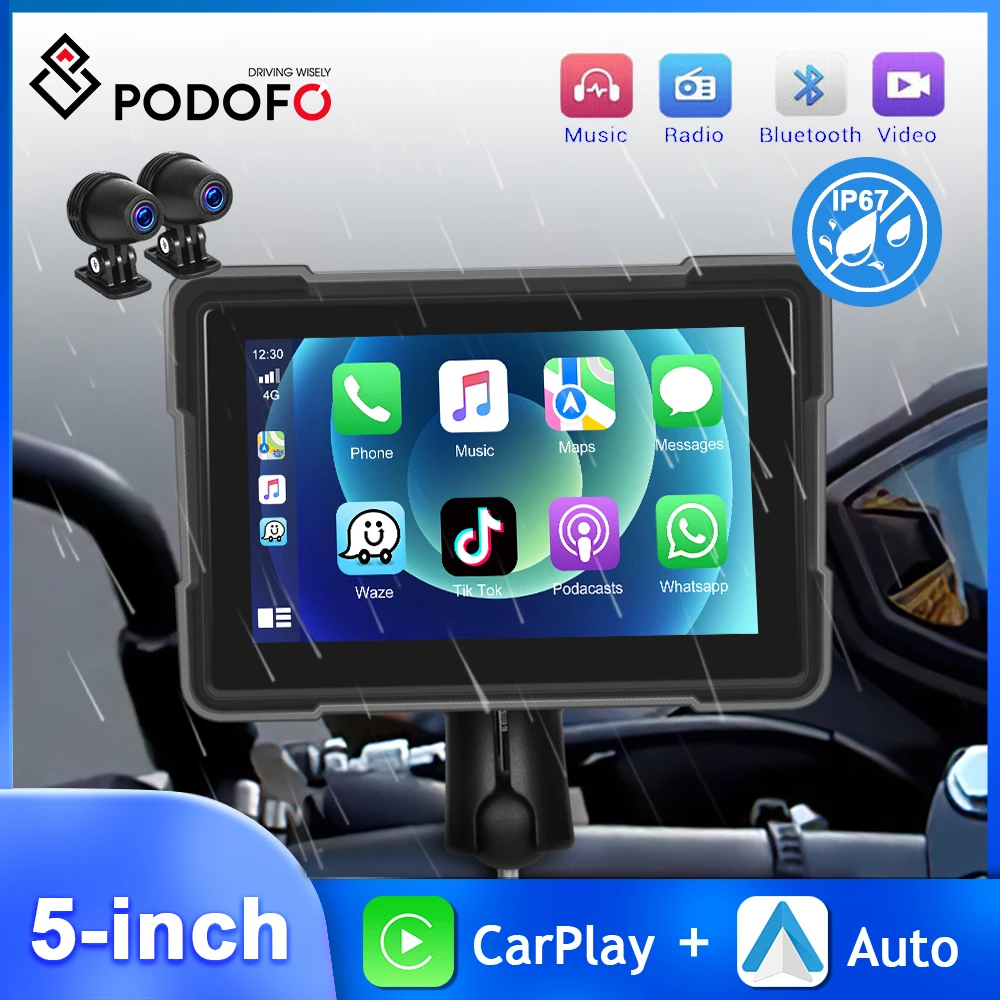 

Podofo 5'' HD Screen Carplay Motorcycle Monitor Multimedia Player Carplay Android Auto IP67 Waterproof Bluetooth Car Motorcycle