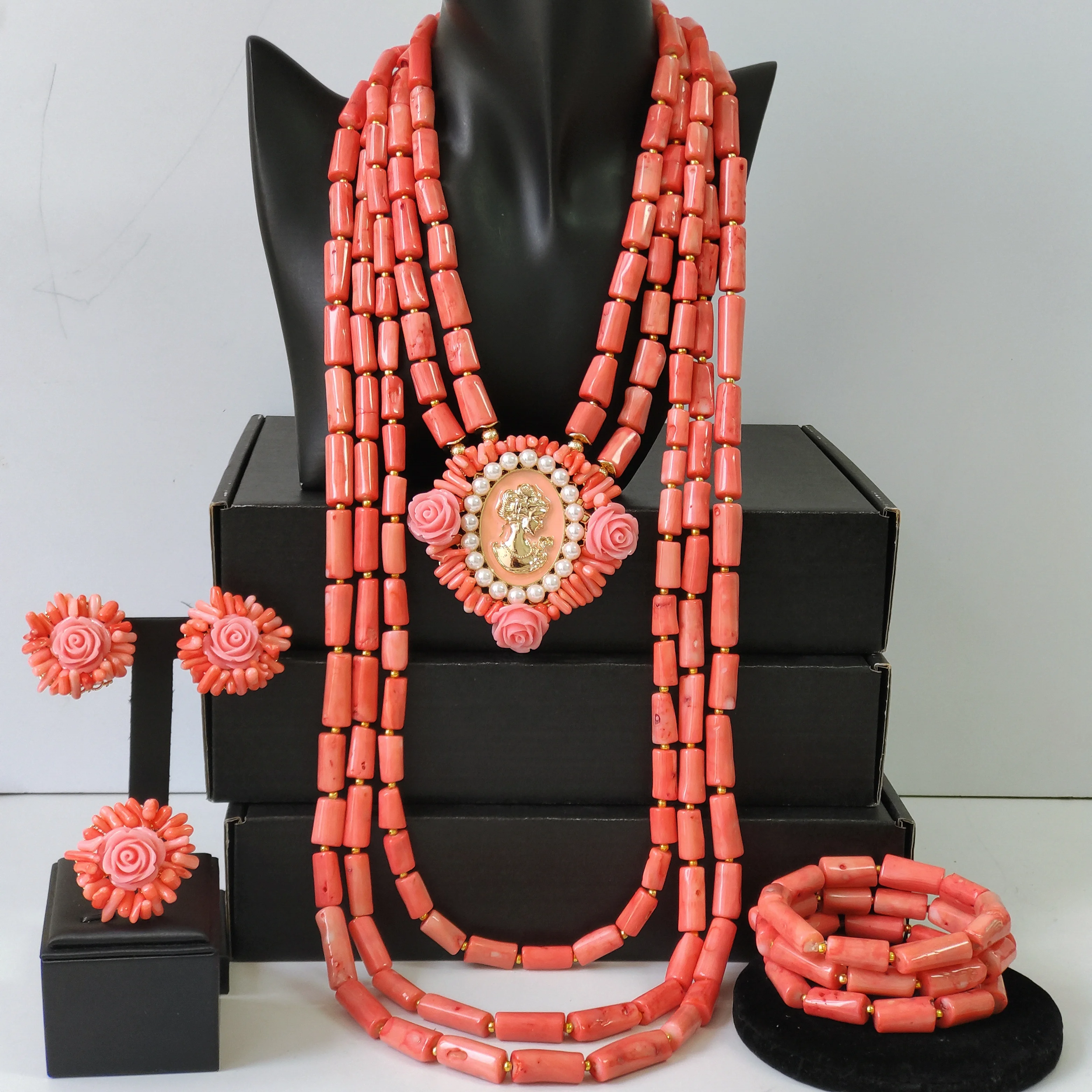 4Pcs Jewelry Set Pink Coral Beaded Necklace Bracelet Earring Ring Dubai Nigeria Wedding Jewellery