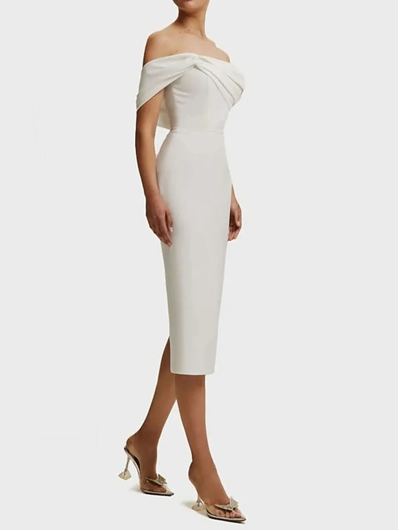 

White Sheath Evening Formal Dress One Shoulder Silt Knee Length Soft Satin Women Prom Party Gowns sSexy Robe De Soiree