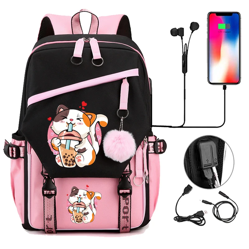 Teenager Bookbag for Girls School Girls School Bag Nylon Black Students Backpack Bubble Tea Funny Cat Bagpacks Laptop Mochila