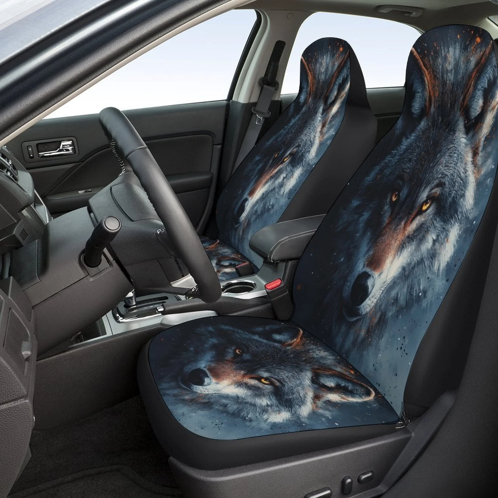 Wolf Portrait Themed Car Seat Cover Set - Trendy High-Quality Polyester Full Set For 2 Front & Rear Seats, Universal Fit For Mos