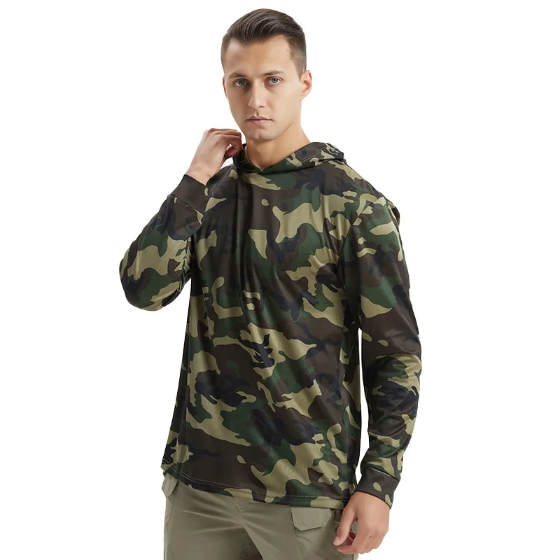Men's Breathable Quick-Dry Long Sleeve Hoodie, UPF Sun Protective Camo Hooded T-Shirt for Outdoor Sports & Fitness Training