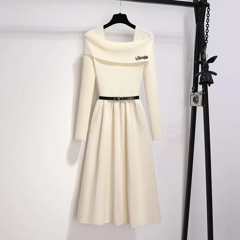 Vestido suéter adelgazante Y2K elegante a la moda para mujer, vestido de punto liso con hombros descubiertos de estilo francés, otoño 2025