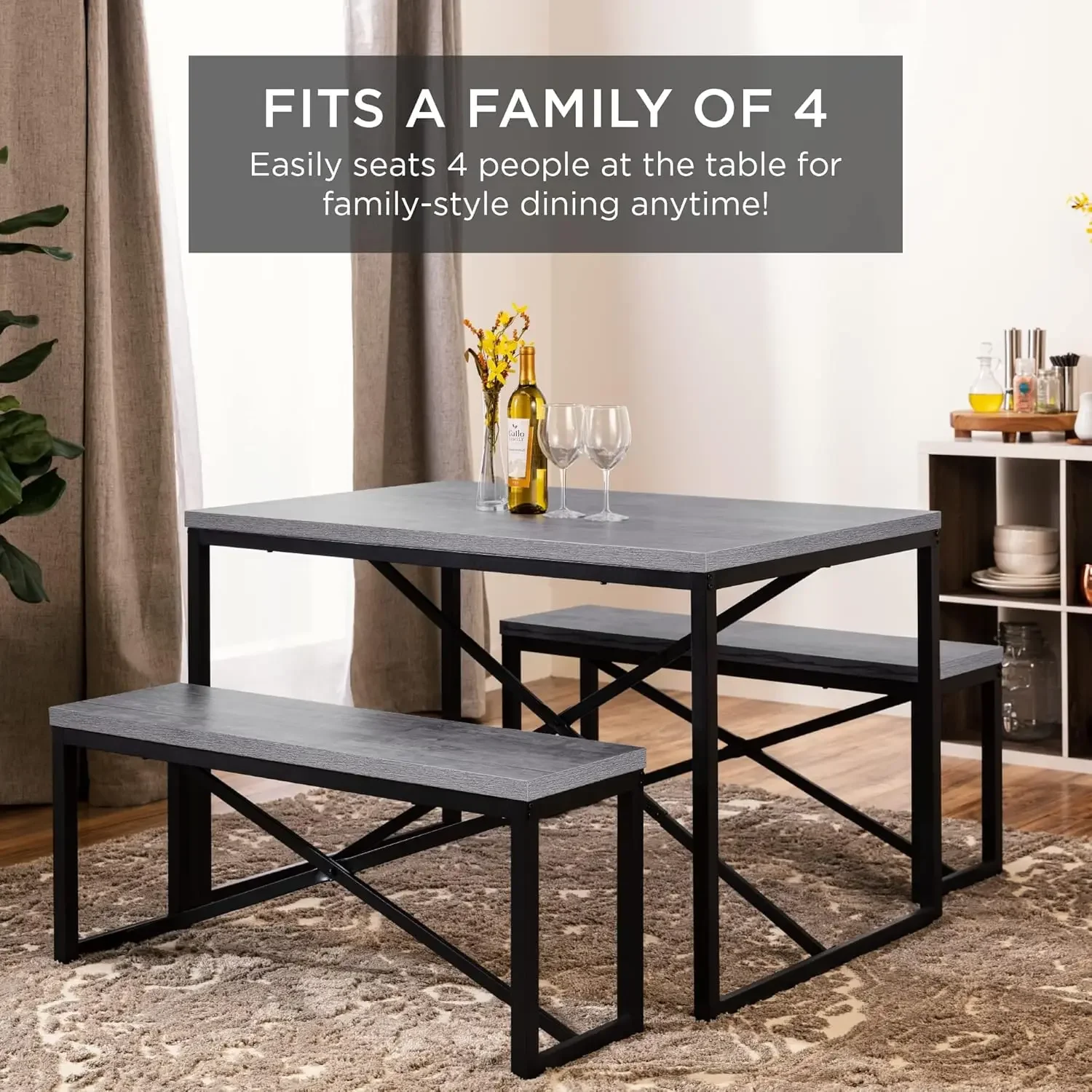 45.5in 3-Piece Bench Style Dining Furniture Set, 4-Person Space-Saving Dinette for Kitchen, Dining Room w/ 2 Benches, Table - Gr