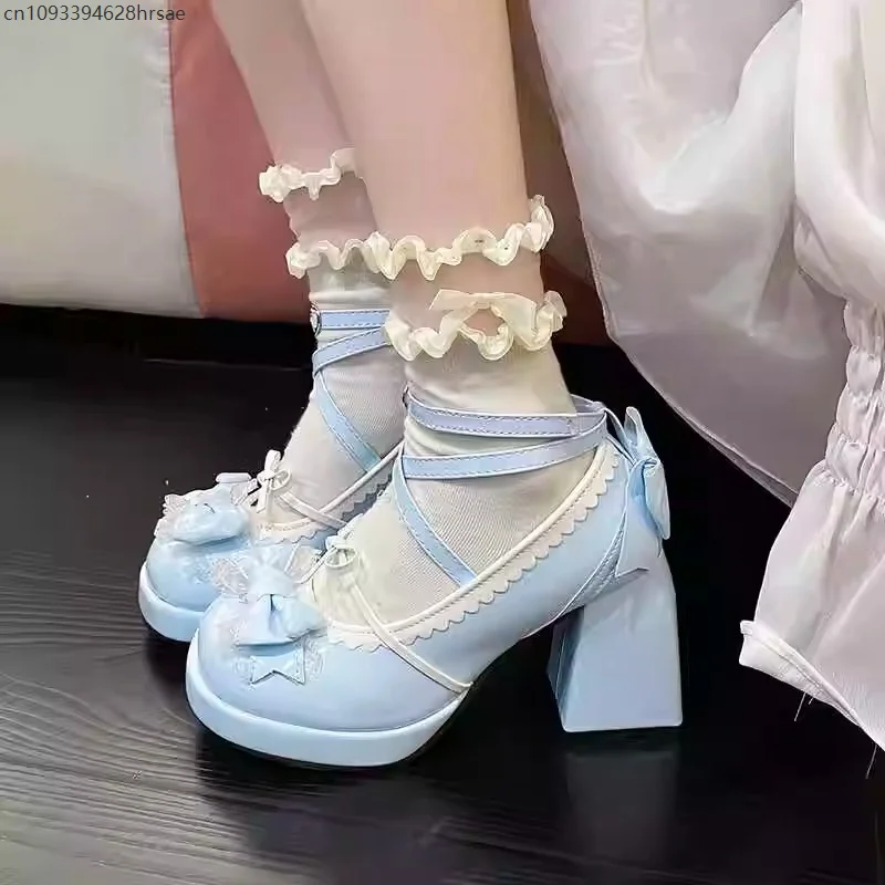 

OA Lolita Sweet Girly Style Shoes Elegant Platform Chunky High Heels With Straps Bow Princess Fashion College Pumps