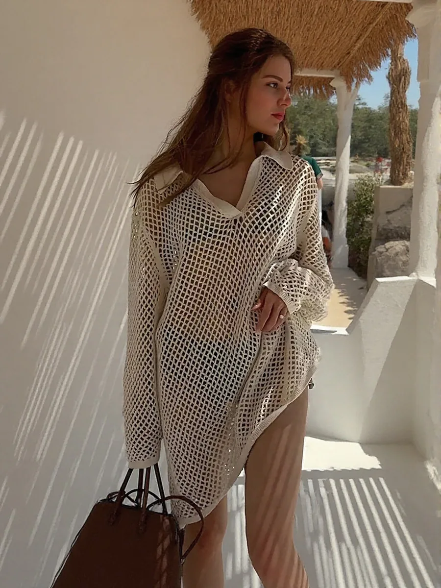 Solid Beach ถักชุดสั้น 2025 ฤดูใบไม้ร่วงเซ็กซี่ Hollow OUT Causal วันหยุดเสื้อแขนยาวสําหรับเสื้อผ้าผู้หญิง