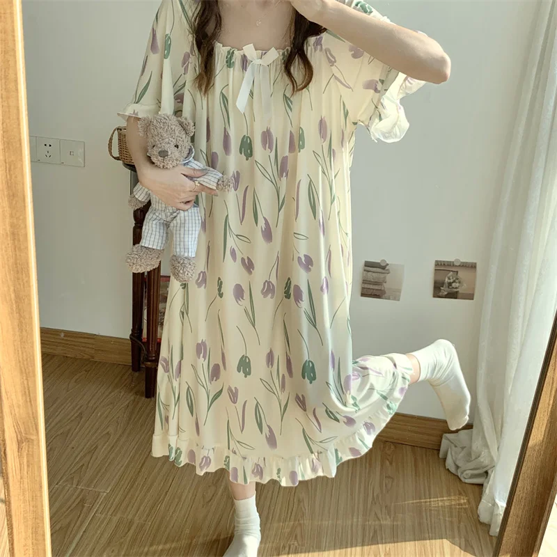 Plus Size 5XL 150KG Summer Women Sleep Dress Flower Nightdress Short Sleeve Home Wear Sweet Nightgown