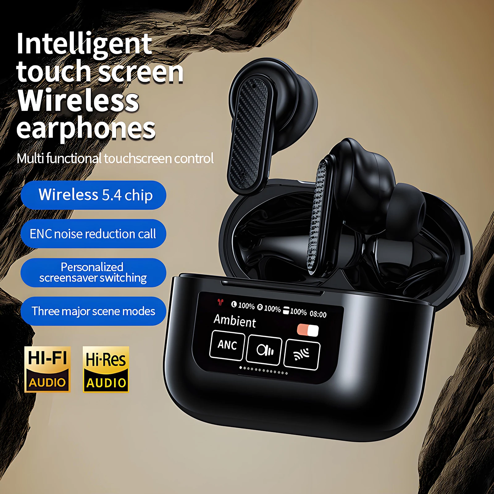 سماعات رأس لاسلكية مع خاصية إلغاء الضوضاء النشطة الهجينة ENC للمكالمات الواضحة بلوتوث 5.3 سماعات أذن ستيريو مع شاشة LED #3